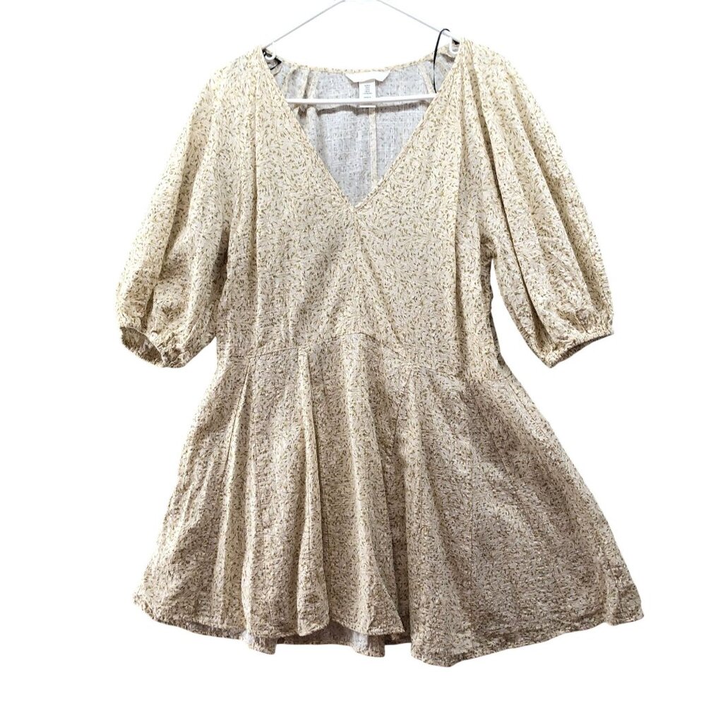 H&M Balloon Sleeve Mini Dress Womens M V-Neck A-Line Oversized Floral Yellow